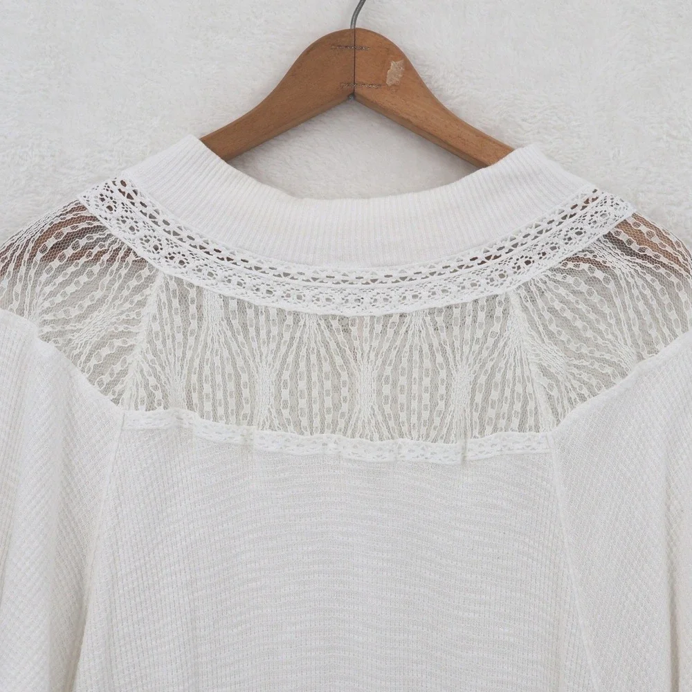 Free People Spring Valley Lace Waffle Thermal Top Womens Size S Ivory Oversized